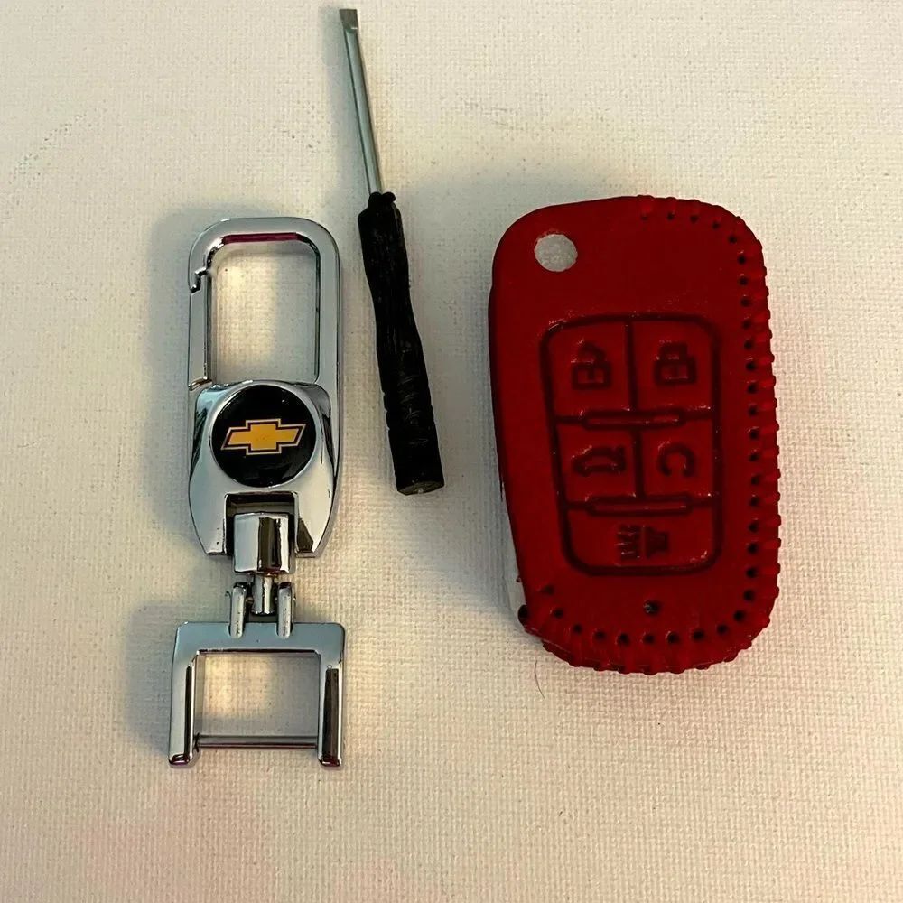 Chevrolet Key Fob Keychain in silver  & Fob Case Cover in Red Leather NWT